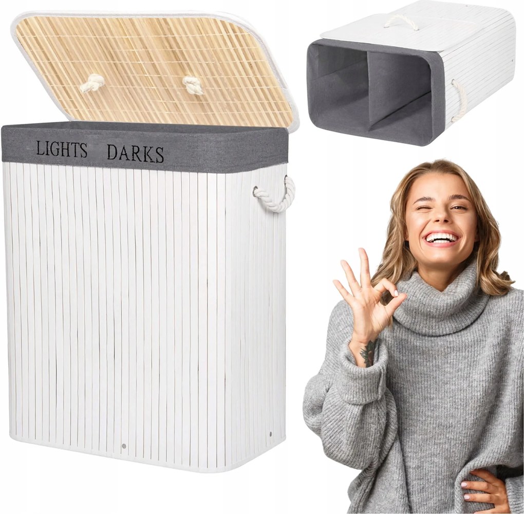 Bambusz Szennyestartó Kosár Kétrekeszes Fedéllel Nagy 100L