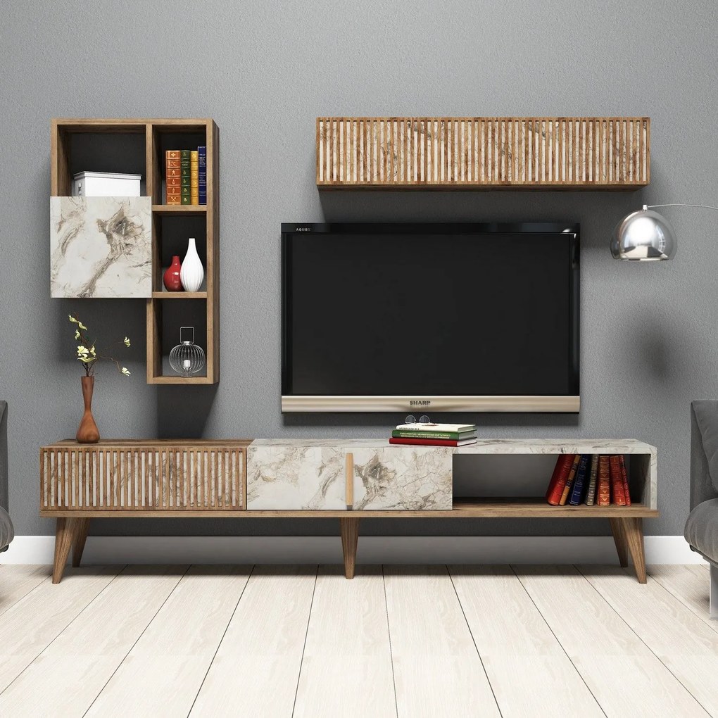 TV szekrény Milan - Walnut, White Marble