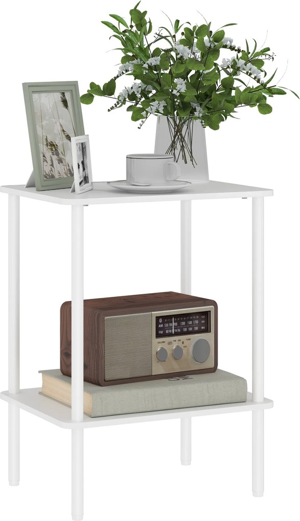 HOMCOM Négyzet alakú Kávézóasztal 2 Szintes, Fémkeretes Kisegítő Asztal 40cm x 30cm x 52.2cm Fehér | Aosom