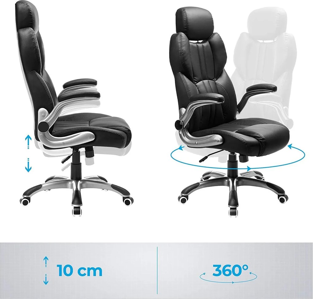 Ergonomikus irodai forgószék felhajtható karfákkal és állítható fejtámlával, fekete PU műbőr, 150 kg