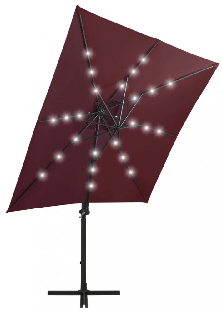 bordó konzolos napernyő rúddal és LED-fényekkel 250 cm