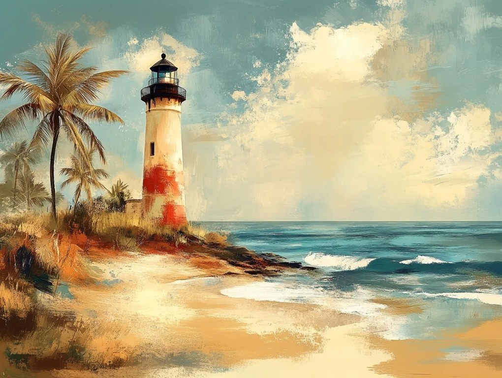 Vászonkép Canvas Világítótorony Tengerpart Hullámok Pálma Retro 80x60