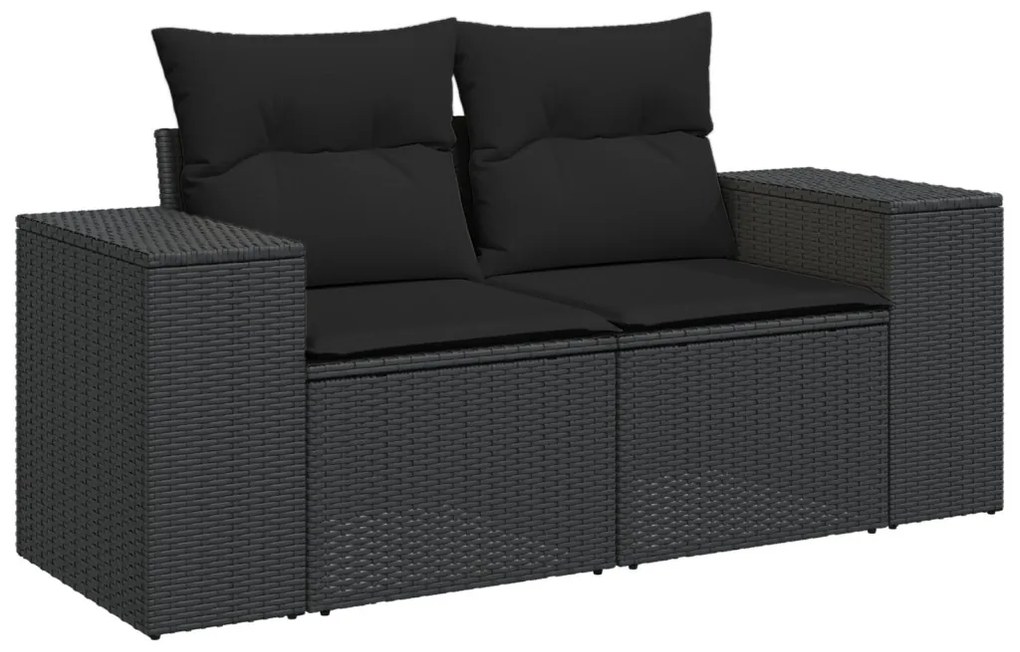 13 részes Kert Kanapé Szett Párnákkal Fekete Poli Rattan Akácia, 3 részes Kert Étkező Szett Párnákkal Fekete Poli Rattan Akácia