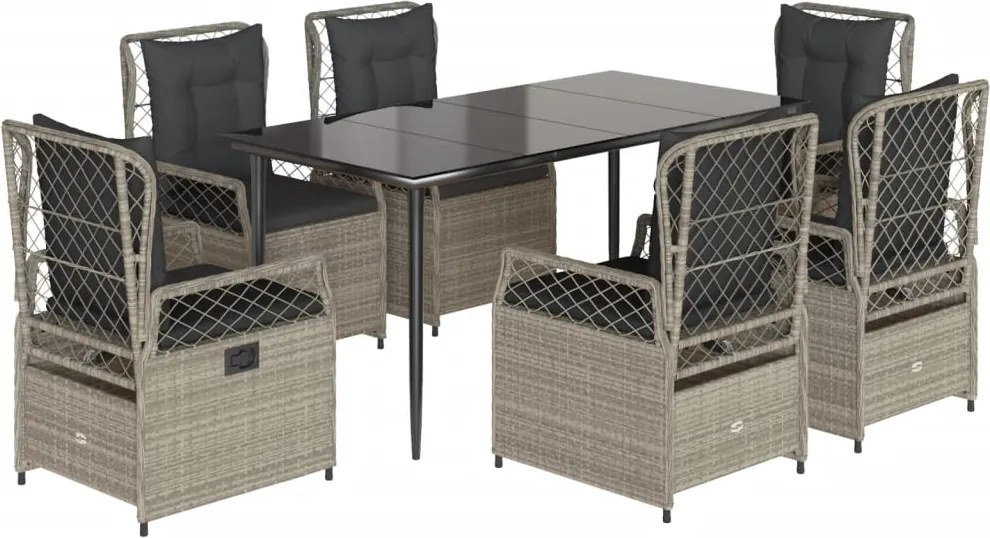 vidaXL 7 részes világosszürke polyrattan kerti étkezőszett párnával