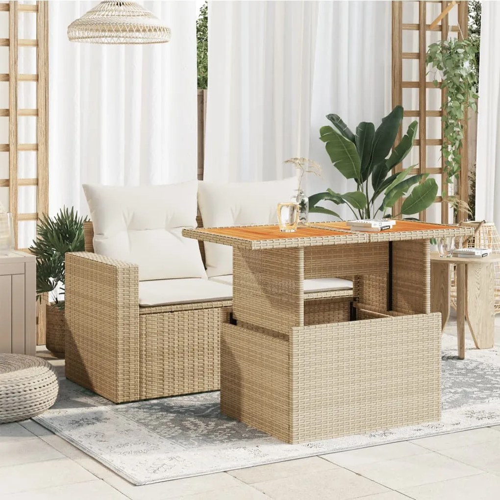 bézs polyrattan és akácfa kerti asztal 100 x 55 x 73 cm