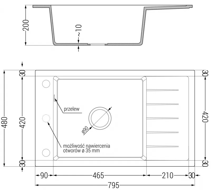 Mexen Elias, 1 rekeszes gránit mosogató lefolyóval 795x480x200 mm Telma arany fényes konyhai csapteleppel, fekete-arany metál, 6511-75-670200-50-B