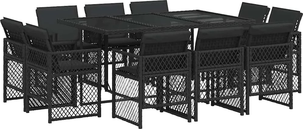 vidaXL 11 részes fekete polyrattan kerti étkezőgarnitúra párnákkal
