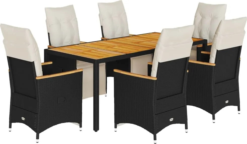 vidaXL 7 részes fekete polyrattan kerti bisztrógarnitúra párnákkal