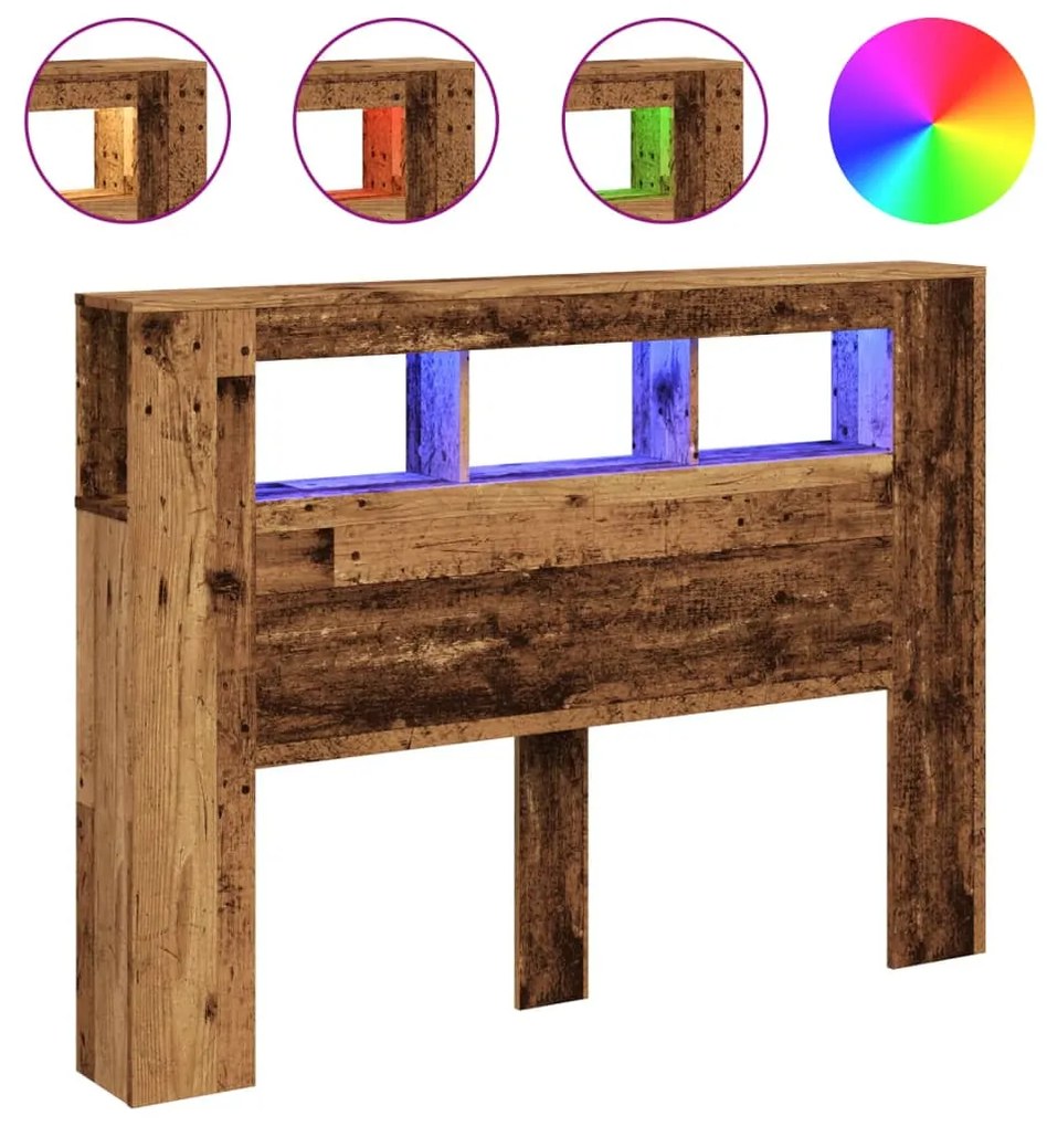 antik fa színű szerelt fa LED-es fejtámla 140x18,5x103,5 cm