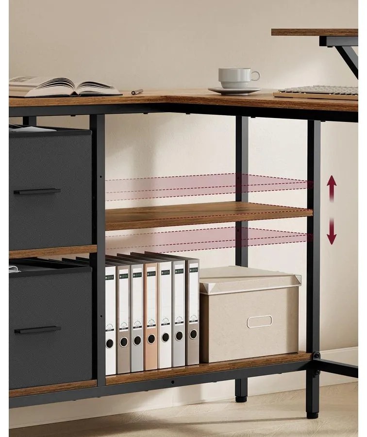 L alakú íróasztal 2 tágas fiókkal, sarokasztal állítható polccal, rusztikus barna