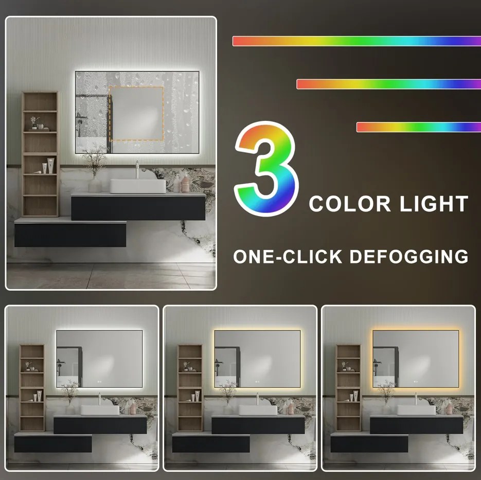 Erga Megan, LED tükör 120x80cm fekete keretben, 3105 lm, 3 fényszín, háttérvilágítás, ERG-V01-MEGAN-1280-BK