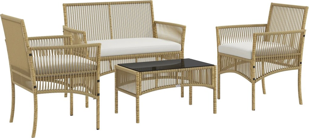 Outsunny 4 részes Rattan Kerti Bútor Szett: 1 2-fős Kanapé, 2 Karosszék, Párnák és 1 Üvegtetős Kávézóasztal Kültéri Használatra | Aosom