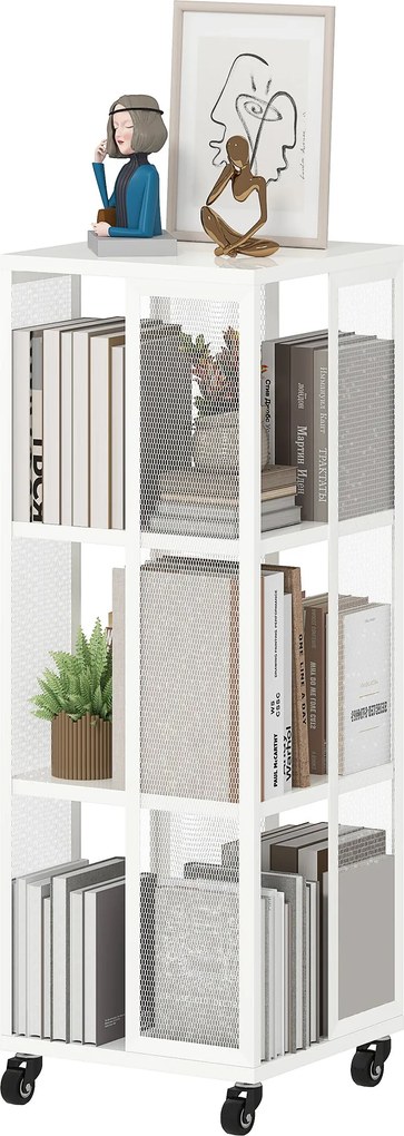 HOMCOM Modern 3-Tier Könyvespolc, Fém Könyvespolc Kerekekkel Nappaliba, Hálószobába és Irodába, 35x35x99 cm, Fehér | Aosom