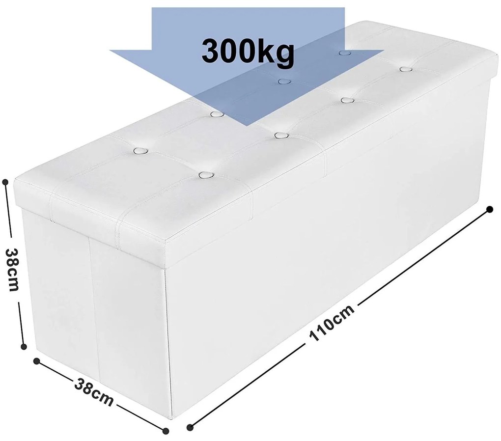 Puff 38 x 110 x 38 cm, műbőr összecsukható tároló ottomán pad, fehér