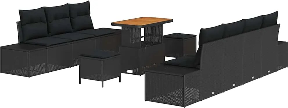 vidaXL Kerti Kanapé Szett párnával tárolóval 10 pcs Fekete Poli rattan