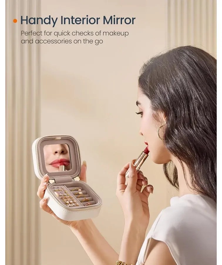 Utazó ékszertok, kis ékszerdoboz-rendező tükörrel, 10,5 x 6 x 10,5 cm,felhő fehér