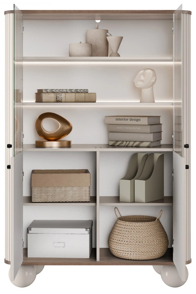 Vesper négyajtós vitrin 103 cm - kasmír / dió / fekete fogantyúk / gömb lábak