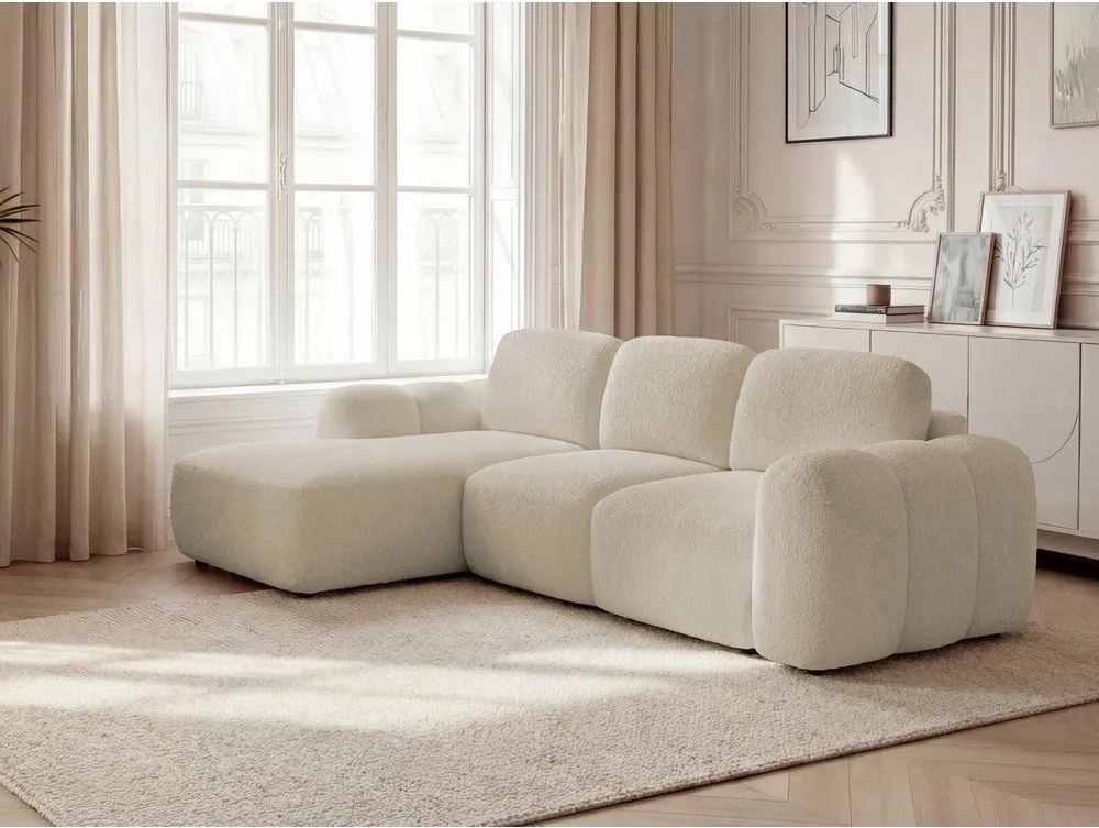 Bézs buklé kinyitható-tárolóhelyes sarokkanapé (bal oldali-heverő résszel) Montaigne – Bobochic Paris