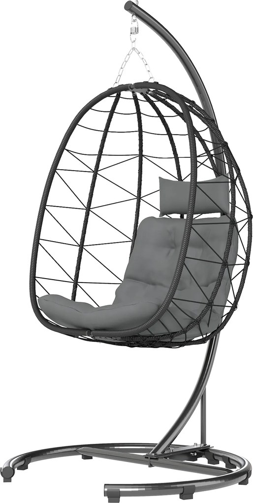 Outsunny Rattan Függő Szék Hinta 195 cm Magas Kosár Beltéri és Kültéri, Állvánnyal, Párnával, Vízálló Borítással, Teraszra, Kertbe, 150 kg-ig, Sötét S
