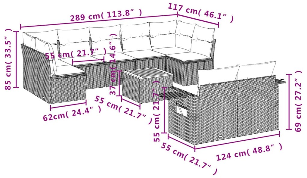 10 részes fekete polyrattan kerti ülőgarnitúra párnákkal