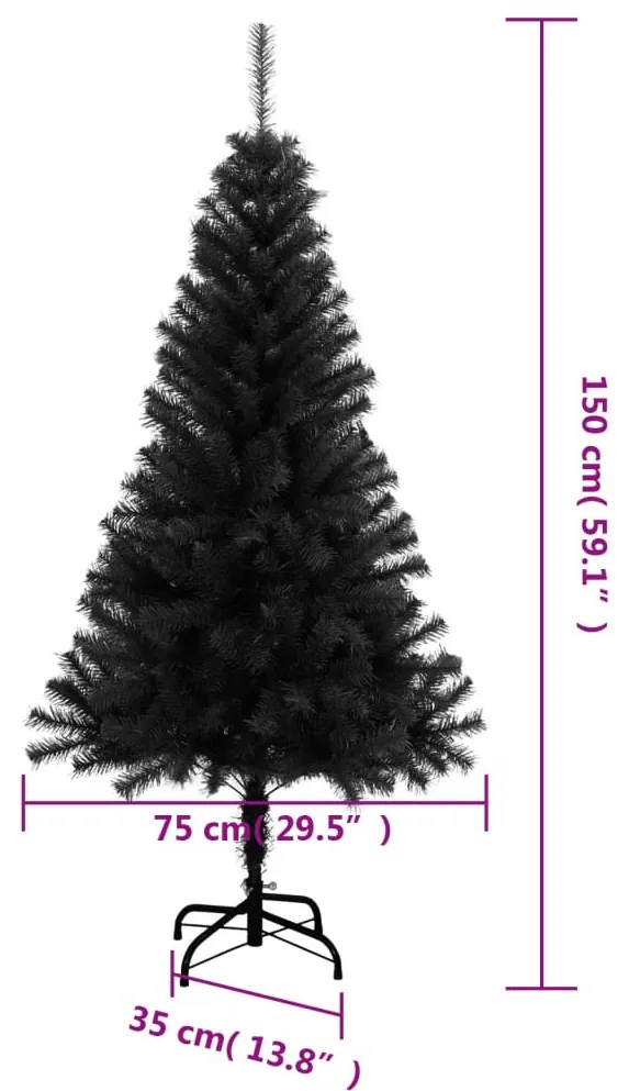 fekete PVC műkarácsonyfa állvánnyal 150 cm