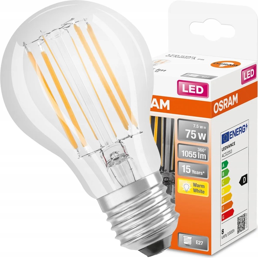 Led izzó E27 A60 7,5W 75W 2700K Filament Osram