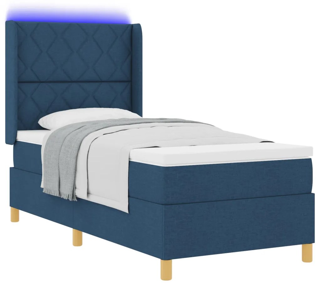 Boxspring Ágy Mattal és LED Kék 90x200 cm Szövet