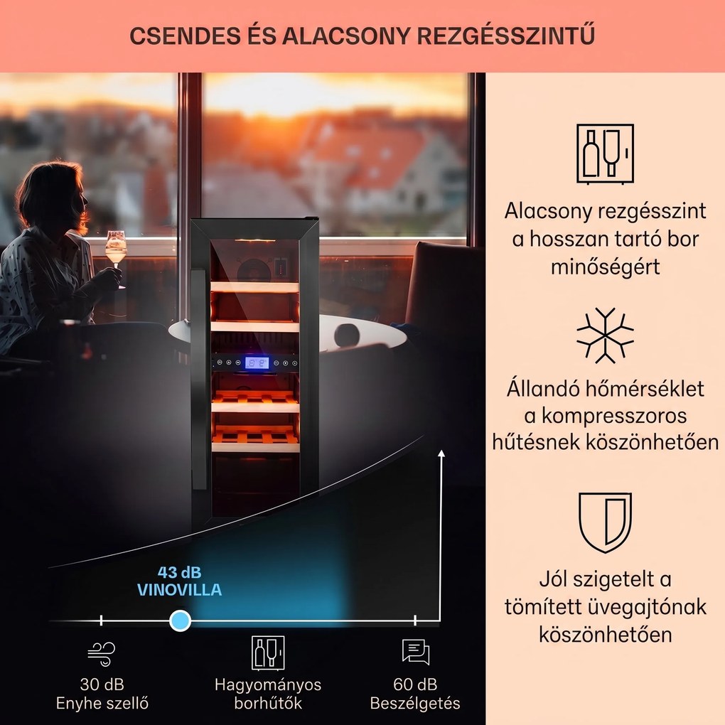 Klarstein Vinovilla 17 Built-in Duo Onyx Edition, kétzónás borhűtő, 53 liter, 17 palack, 3 színű LED világítás, üvegajtó