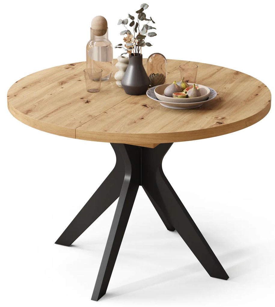 Mazzoni RENZO Artisan Tölgy/fekete láb - KEREK ASZTAL Ø110 180 cm-re BŐVÍTHETŐ | A KONYHÁBA ÉTKEZŐBE NAPPALIBA RETRO