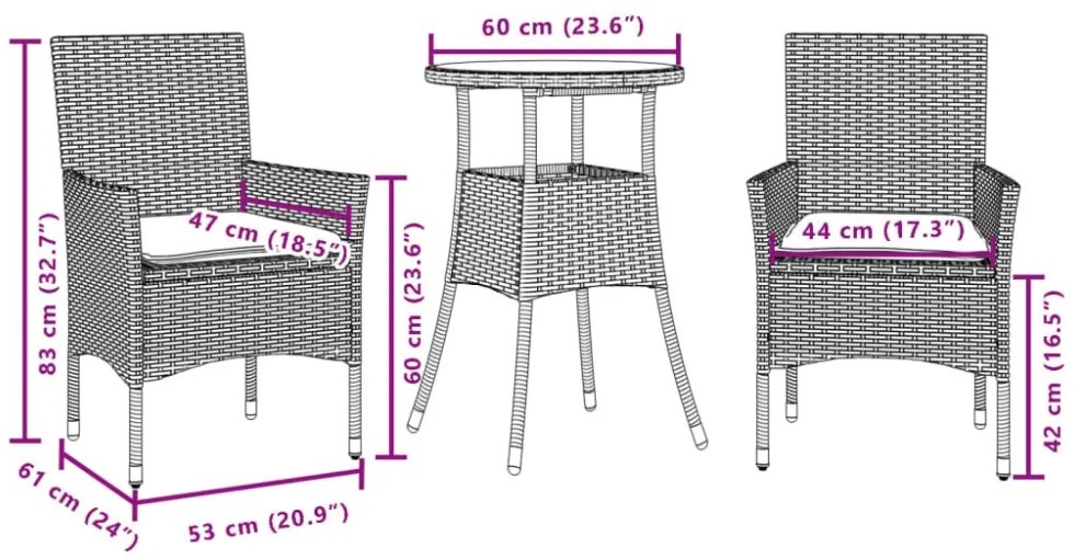 3 részes barna polyrattan/üveg kerti étkezőgarnitúra párnával