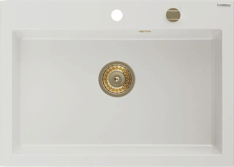Mexen Elix 1 rekeszes gránit mosogató 700 x 500 mm, fehér, arany szifon - 6526701005-20-G