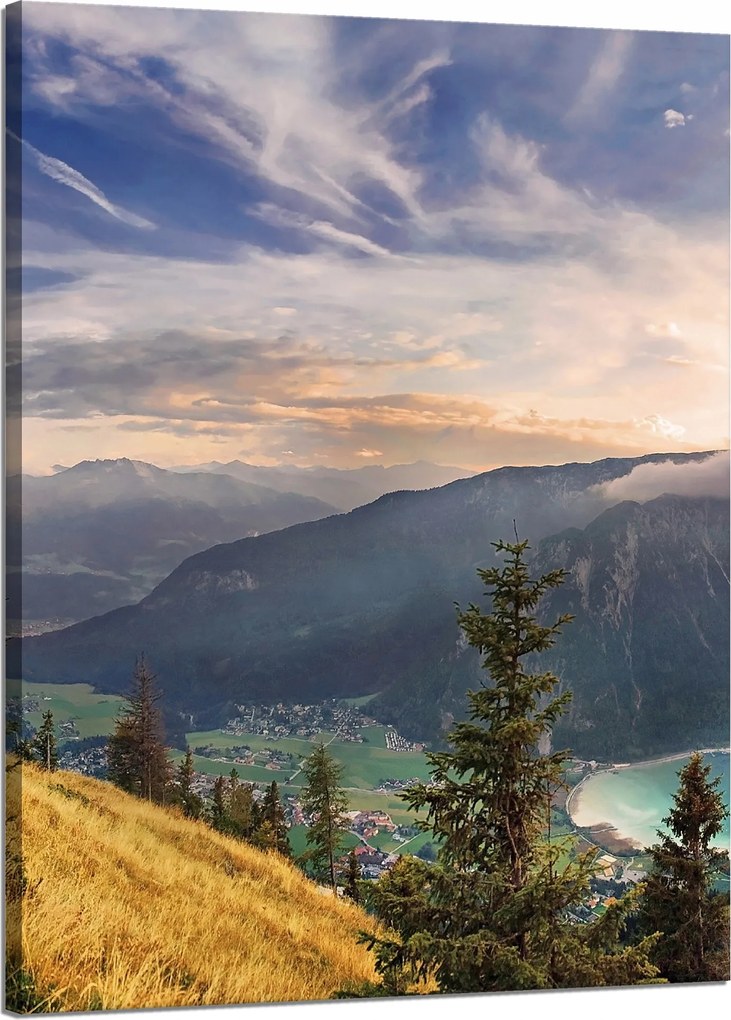 Vászonkép Nap a hegyek felett Felhők Falu 50x70 cm