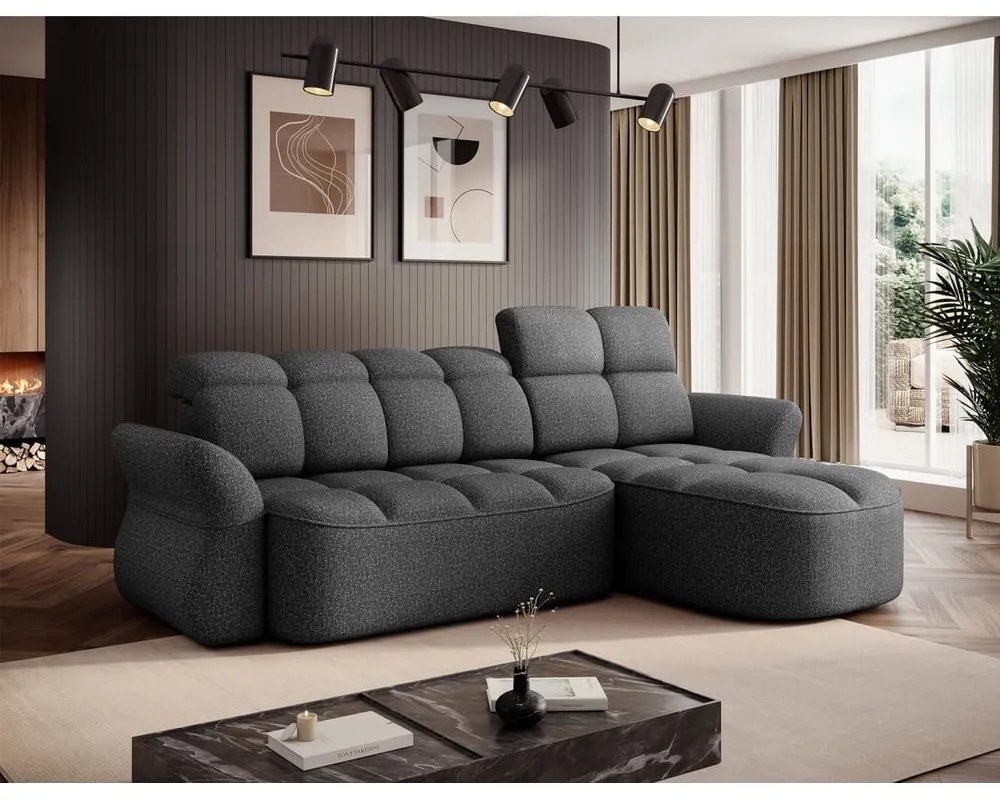 Sötétszürke bársony kinyitható-tárolóhelyes sarokkanapé (jobb oldali-heverő résszel) Beneth – ELTAP