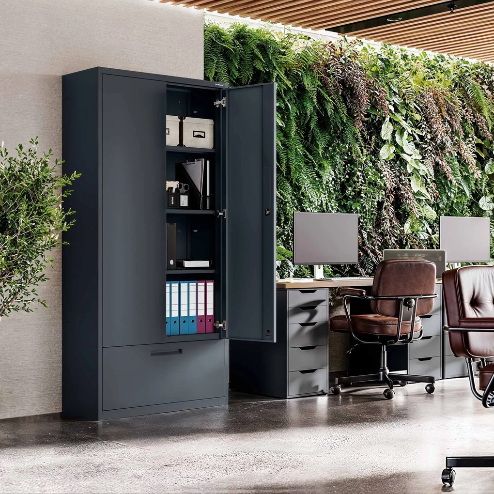 Moduláris többfunkciós fém szekrény magas fiókkal antracit MEGAN 1950 x 900 x 400 mm