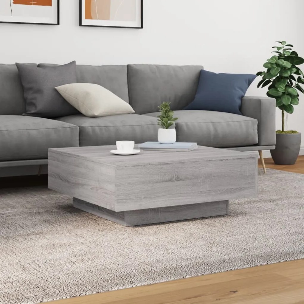szürke sonoma színű dohányzóasztal LED-lámpákkal 80x80x31 cm