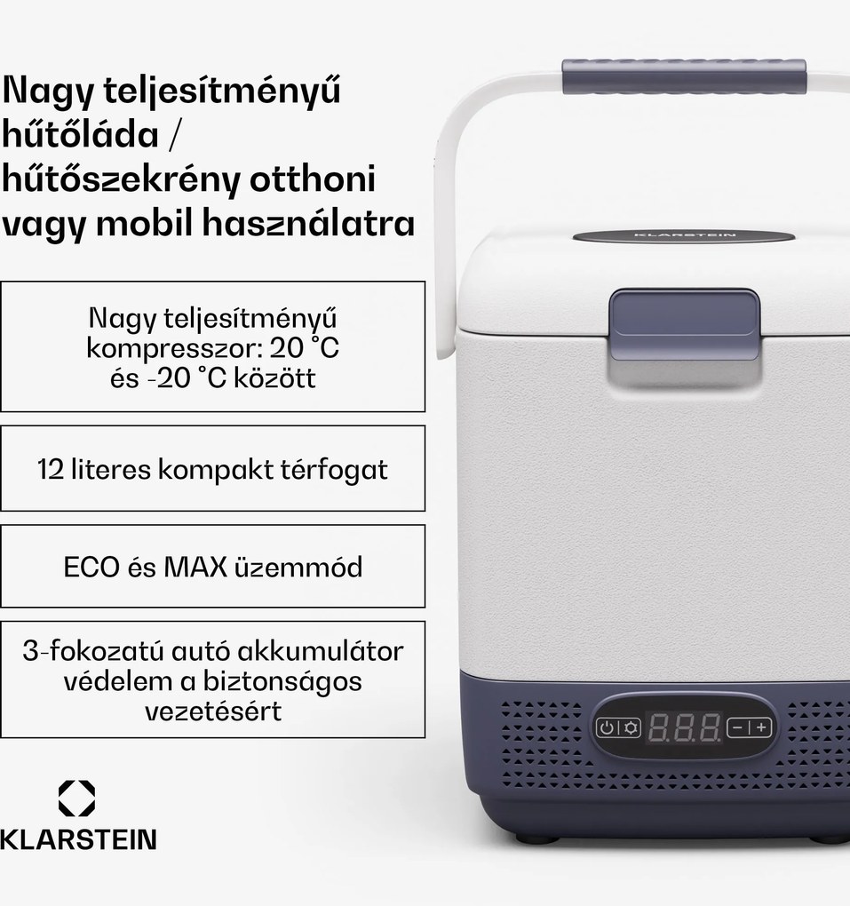Klarstein SwiftFrost 12L hűtőtáska, 12V-24V/230V, -20 °C-ig, kompresszor, 2 teljesítményszint, LED kijelző