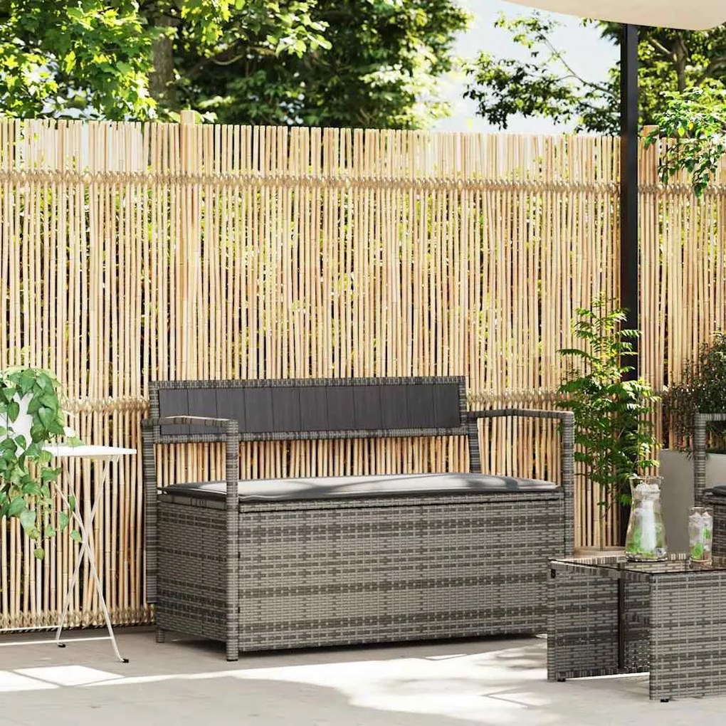 szürke polyrattan kerti tárolópad párnával
