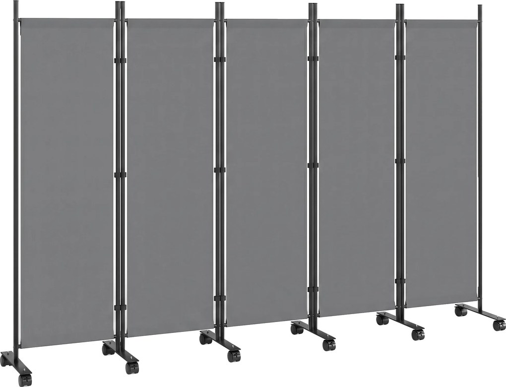 Outsunny 5-paneles térelválasztó 252 x 40 x 170 cm — Önálló, összecsukható privát képernyő 12 görgővel, acélváz, vízlepergető poliészter, sötétszürke