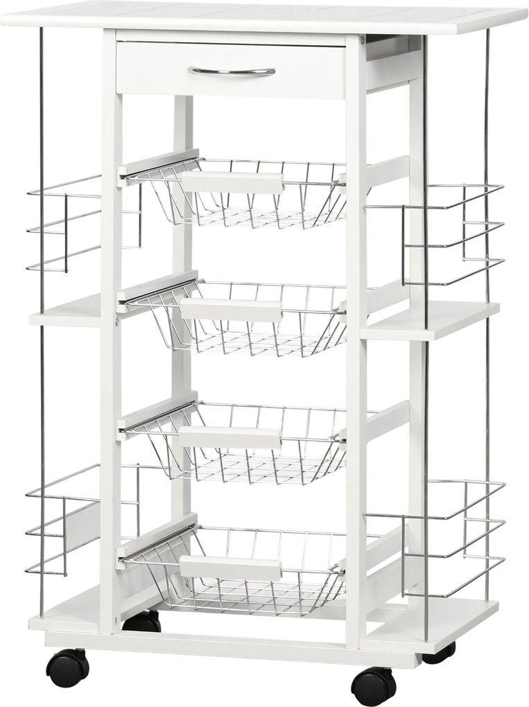 HOMCOM Konyhai Kocsi Kerekekkel Zöldség Kocsi Csempézett Pulttal Fiókkal, 4 Fémláda és 4 Oldalsó Fűszer Polccal Az Étkezőbe 57x37x83 cm Fehér | Aosom