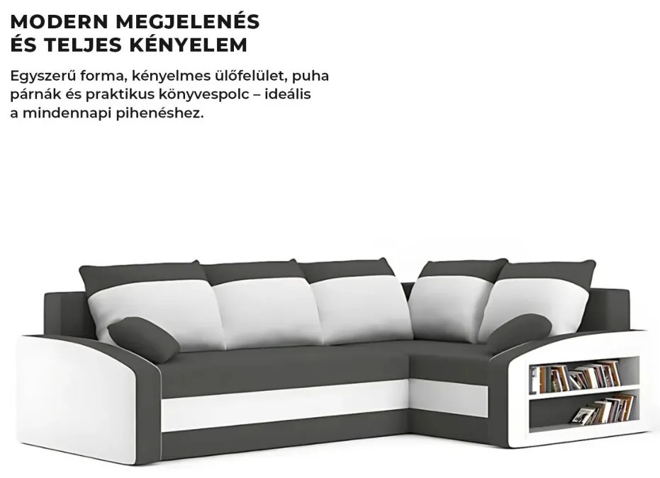Grande sarokkanapé polcokkal , polc a jobb karfaban, jobboldali, szövet anyag, hab töltet, szürke - fehér