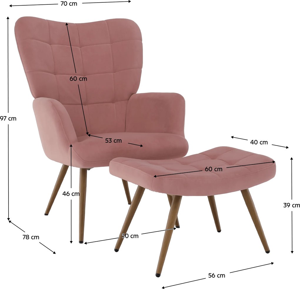 Fotel lábtartóval, rózsaszín Velvet szövet/tölgy, HABEN
