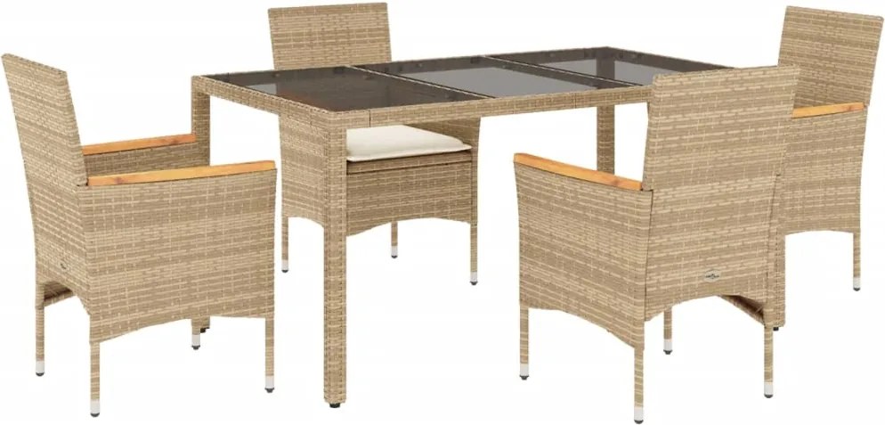 vidaXL 5 részes bézs polyrattan/üveg kerti étkezőgarnitúra párnákkal