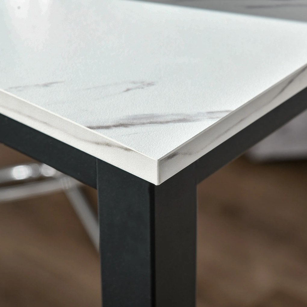 HOMCOM Bárasztal Magas Konyhai Étkezőasztal - 120L x 40W x 100H cm - Fekete Acél Keret, Fehér Márvány Hatású Felület | Aosom