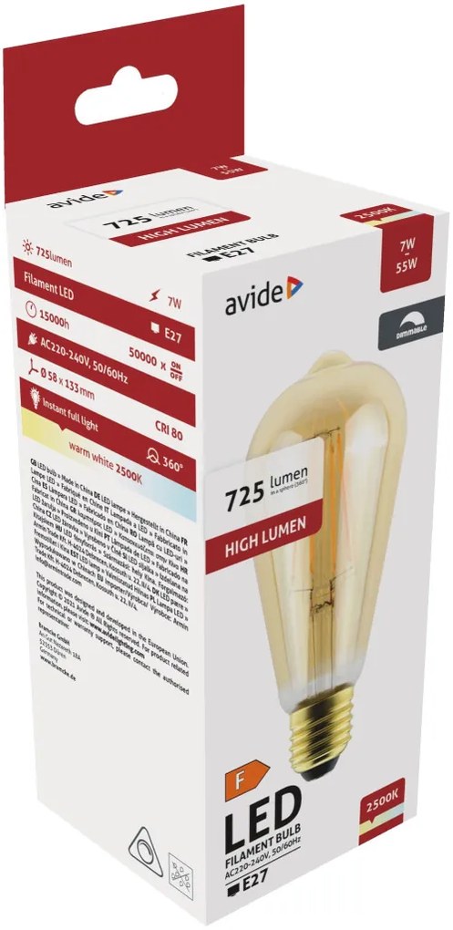 Avide LED Filament ST57 7W Fényerőszabályzós Borostyán E27 WW 2500K