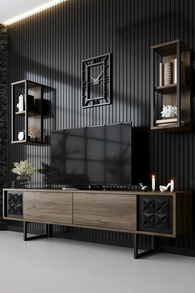 Line Walnut and Black TV-állvány polcokkal