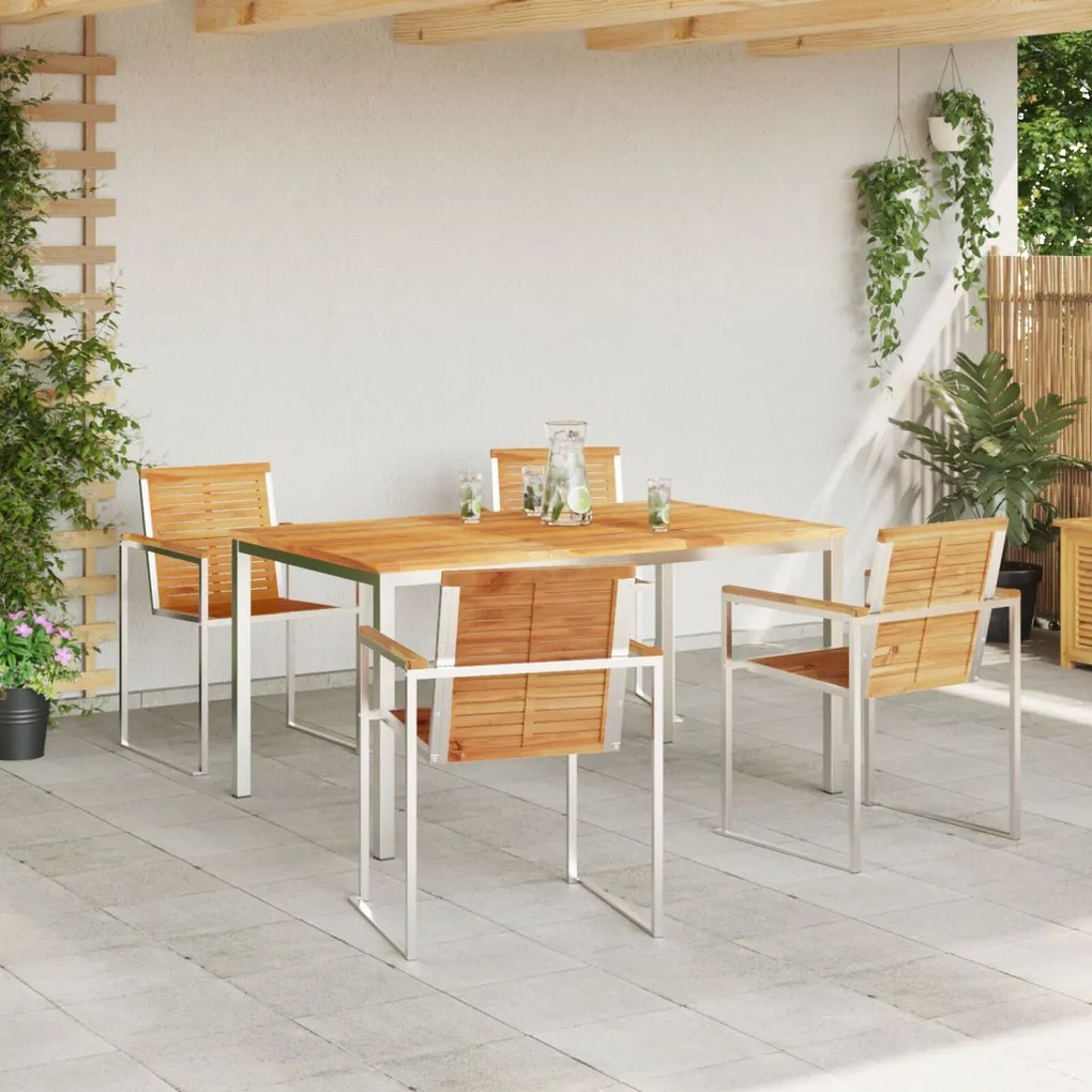 5 Részes Kert Étkezőkészlet Tömör Tíkfából, Kültéri Étkezőasztal 150x90x75 cm Tömör Tíkfából