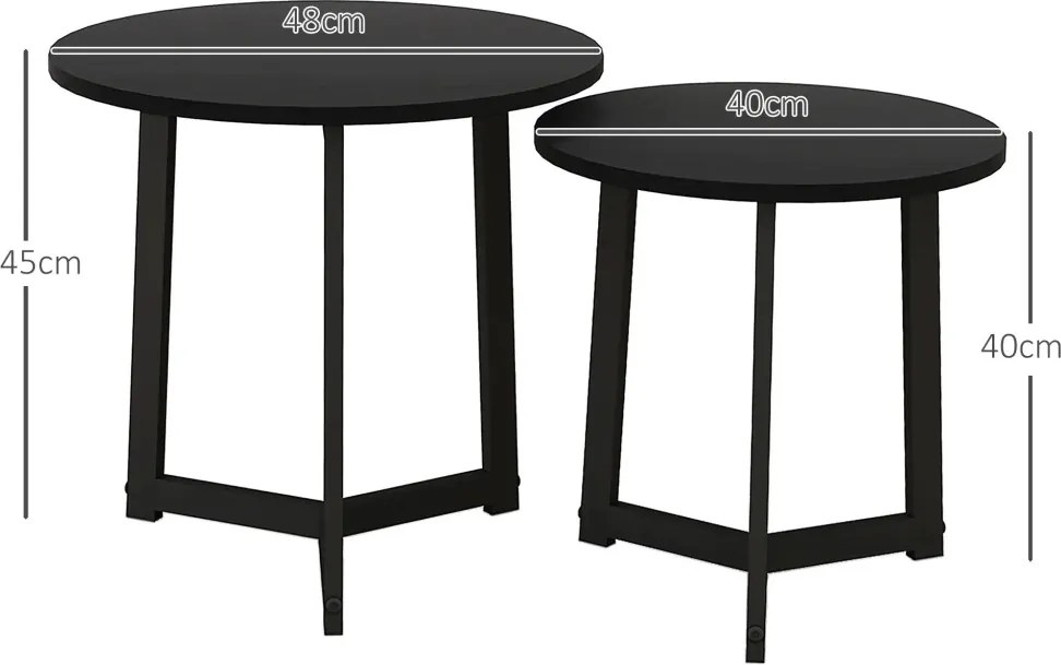 HOMCOM Modern dohányzóasztal szett 2 darabos, fém keret, MDF, kerek dizájn, rakásolható, fekete