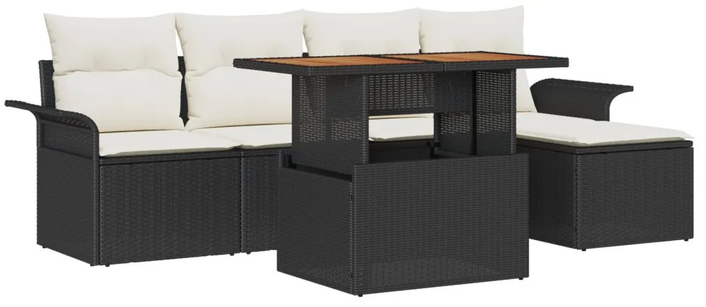 6 darabos kerti étkező szett párnákkal, fekete poli rattan, akác