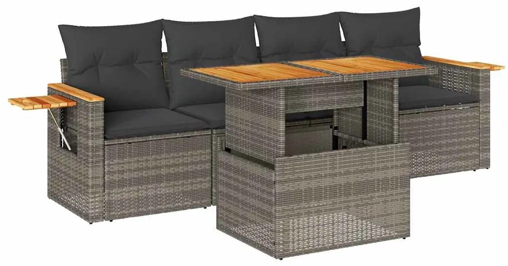 5 részes szürke polyrattan akácfa kerti ülőgarnitúra párnákkal