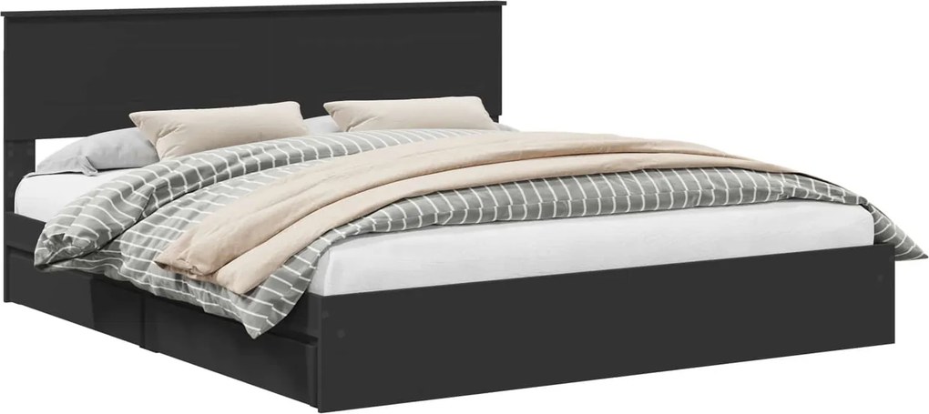 vidaXL Tárolós Ágy fejtámlával fiókkal Fekete 200 x 200 cm Faanyag